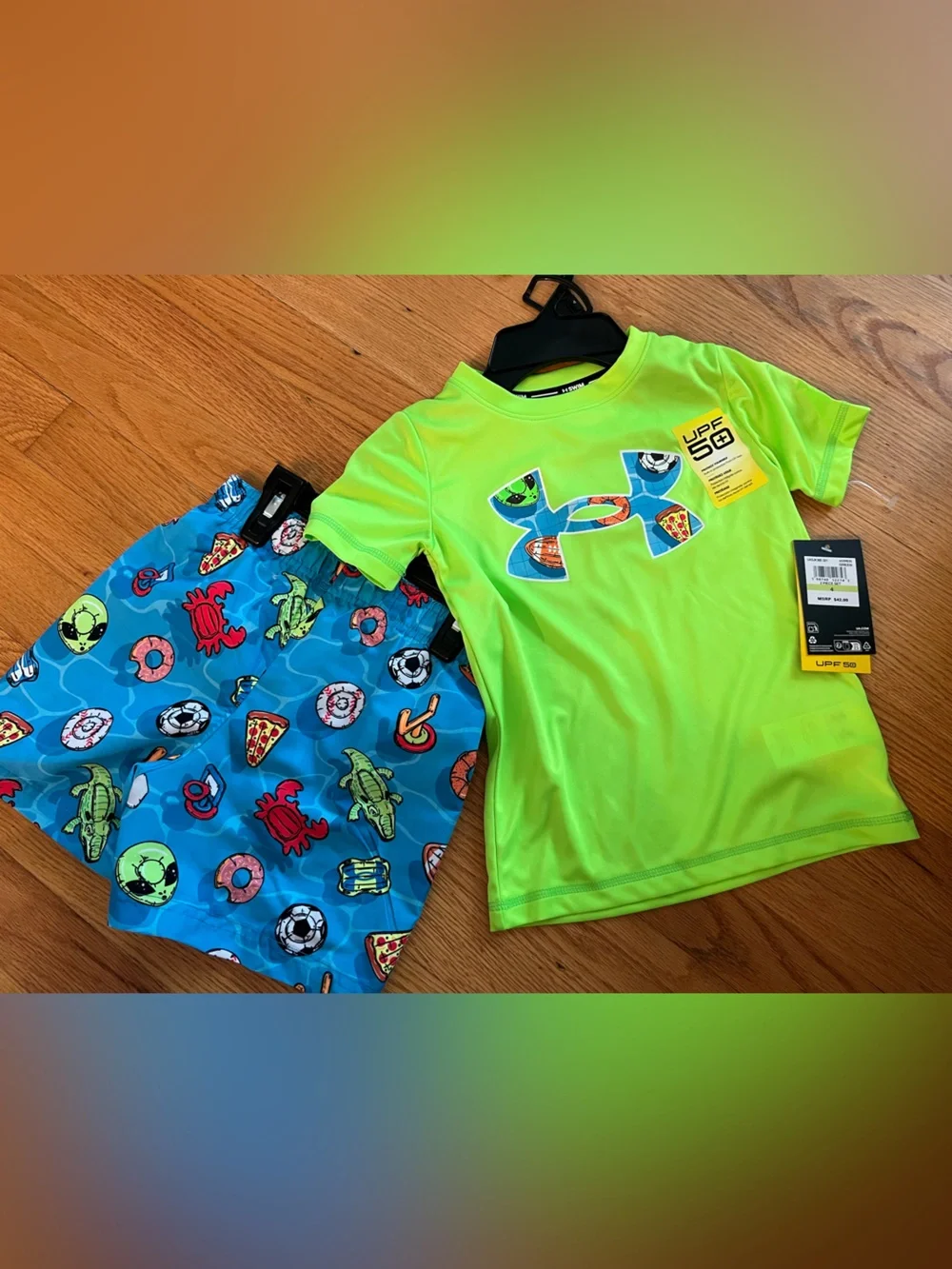 Under Armour UPF 50+ Lime Green Swim Shirt and Blue Patterned Swim Trunks Set